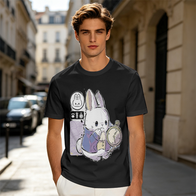 Olive T-Shirt With White Rabbit Holding Pocket Watch Print