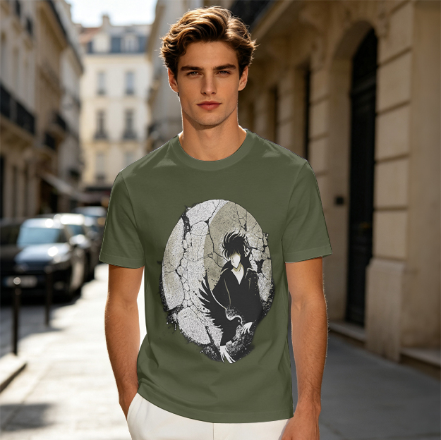 Olive T-shirt with Dark Anime Character and Raven Print