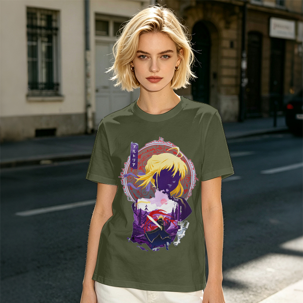 Olive green anime graphic t-shirt with Saber character print