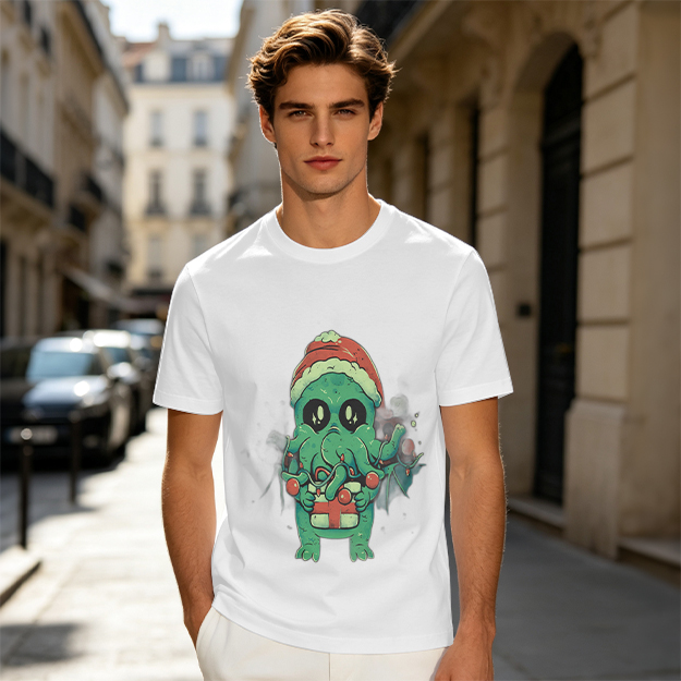 Olive Green T-Shirt With Cute Christmas Cthulhu Graphic