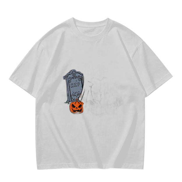 Olive Halloween Graphic T-Shirt with Tombstone and Jack-o'-Lantern