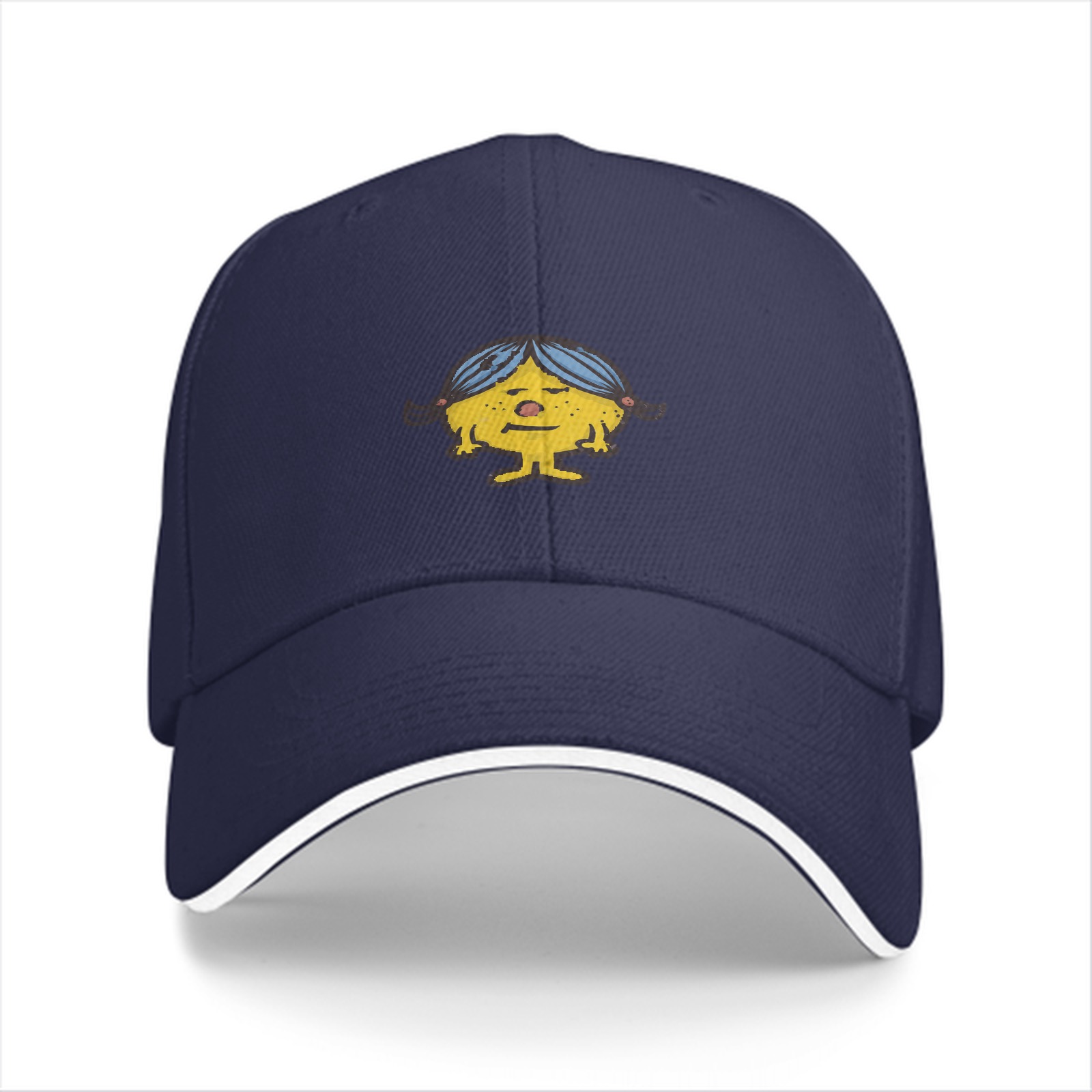 Black baseball cap with yellow cartoon girl character print