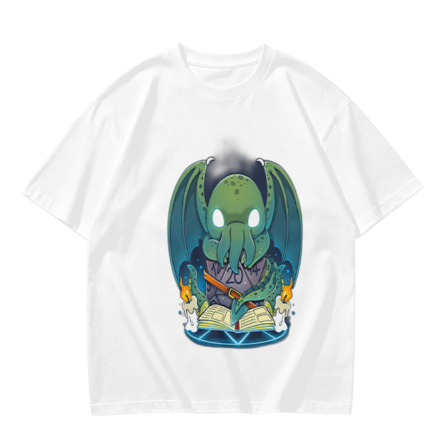 Olive T-shirt with Cute Cthulhu Reading Grimoire Print