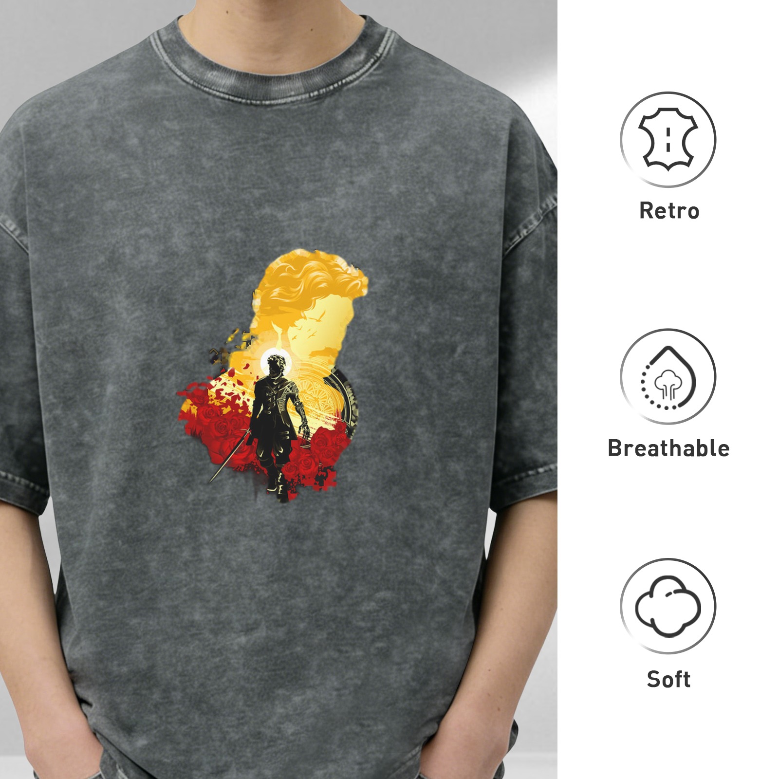 Washed black graphic t-shirt with warrior and classical bust art