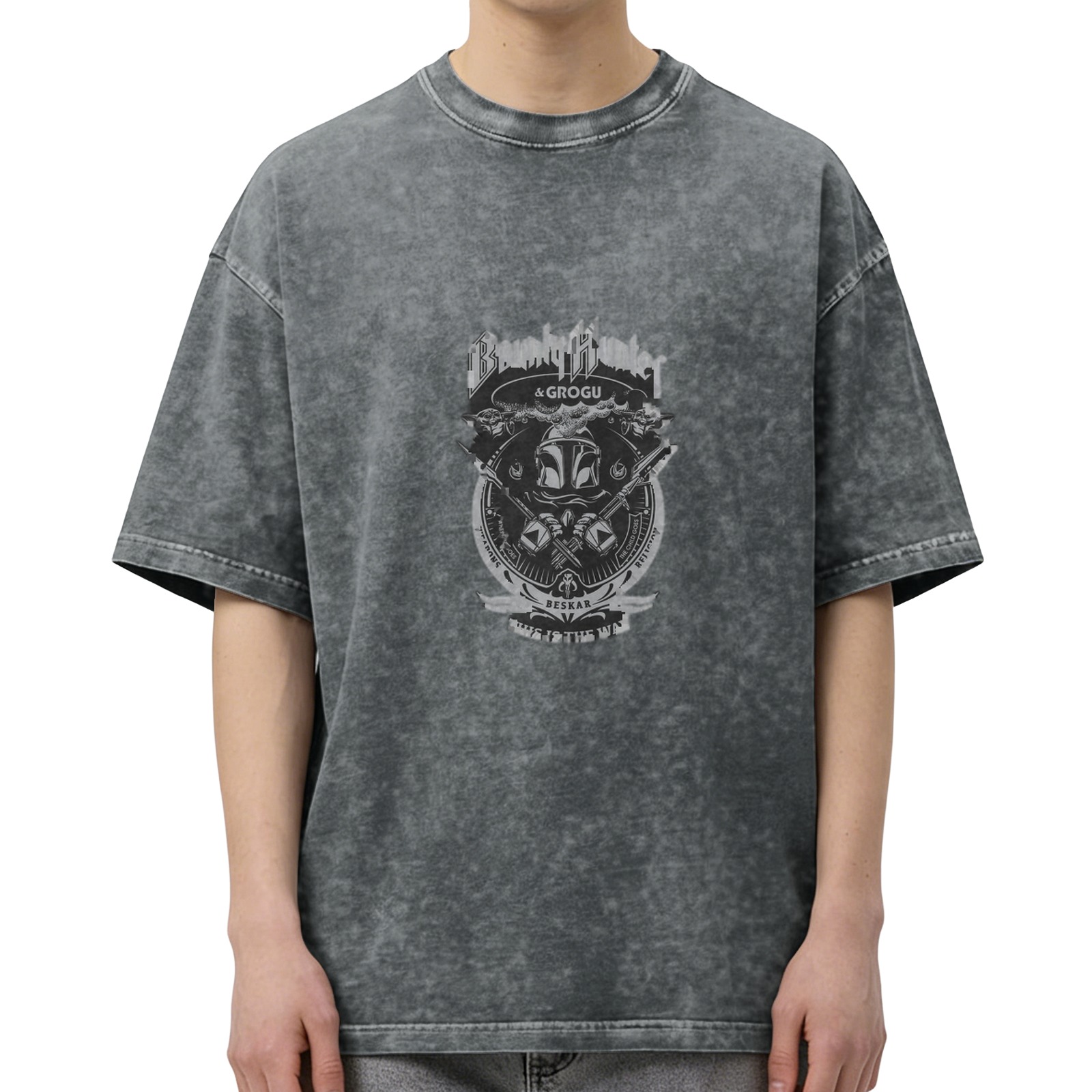 Star Wars Mandalorian Bounty Hunter & Grogu Graphic Acid Wash T-Shirt