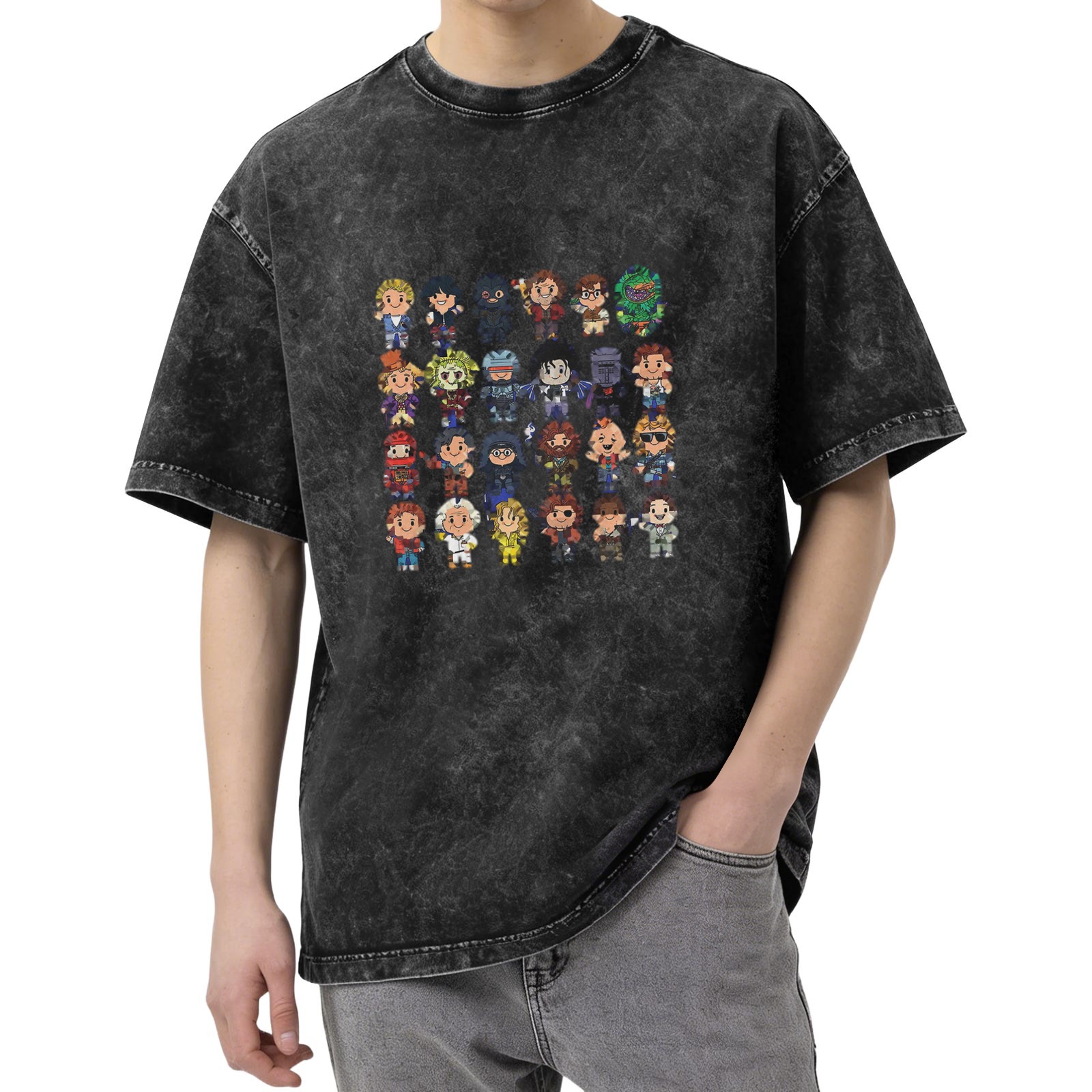 Retro washed black cartoon character printed loose short-sleeved T-shirt