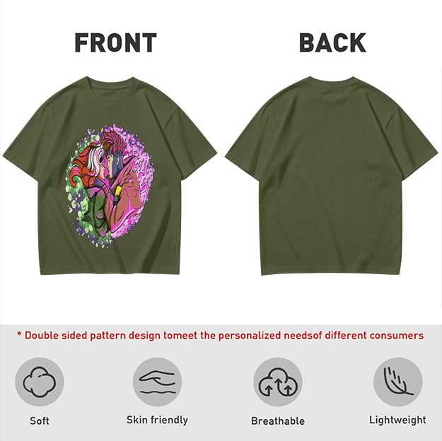 Olive T-Shirt with Gambit and Rogue Superhero Art Print