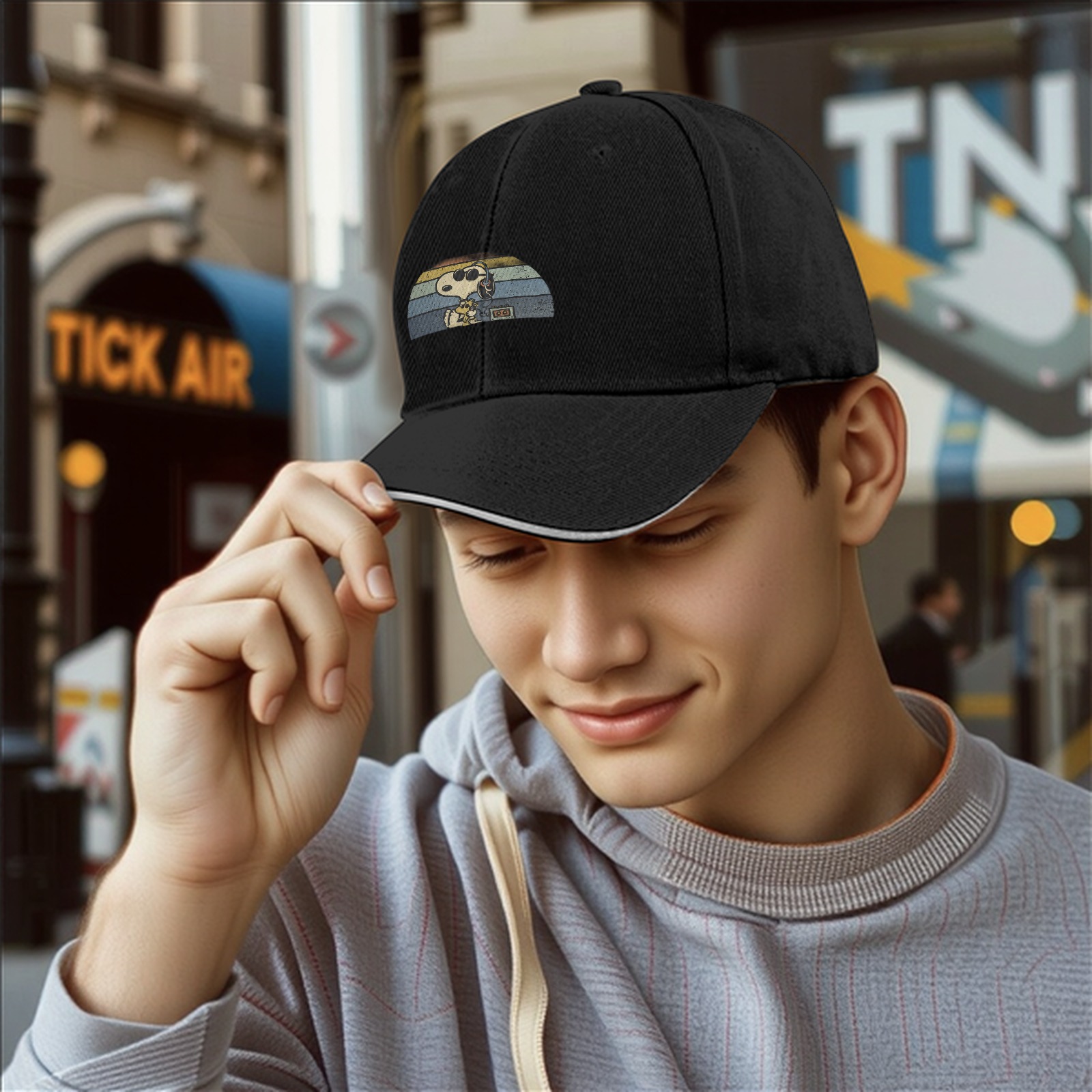 Black baseball cap with Snoopy retro sunset graphic