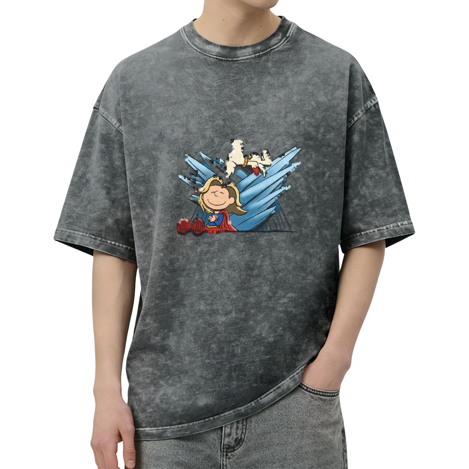 Washed black graphic t-shirt with Peanuts style superhero print