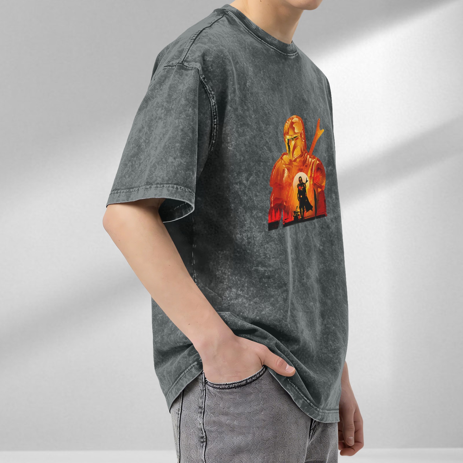 Washed black t-shirt with Mandalorian sunset graphic print
