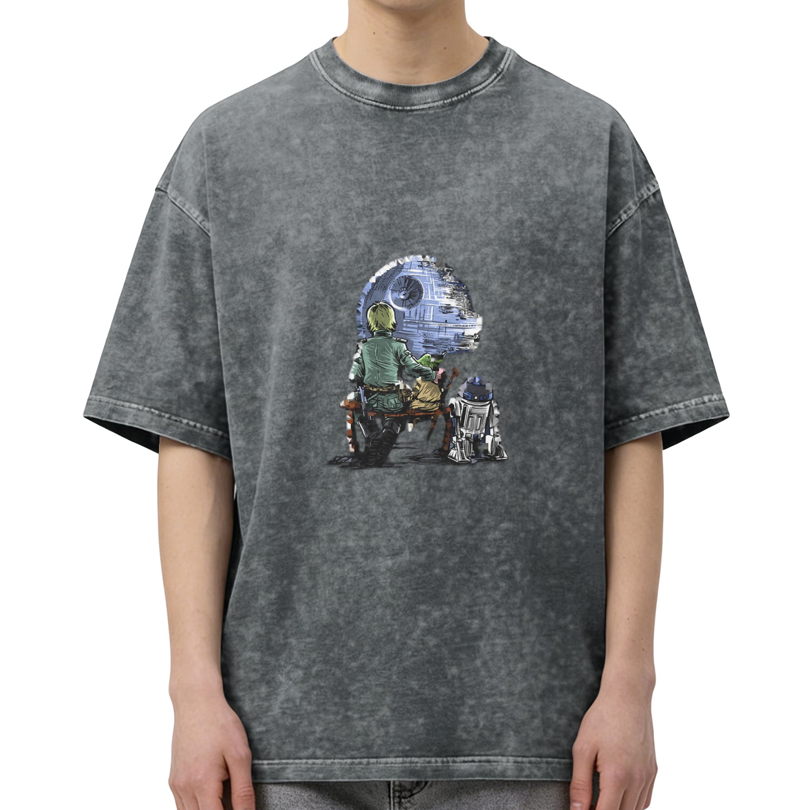 Star Wars themed acid-washed short-sleeve T-shirt with Death Star, Luke Skywalker and R2-D2 graphic print