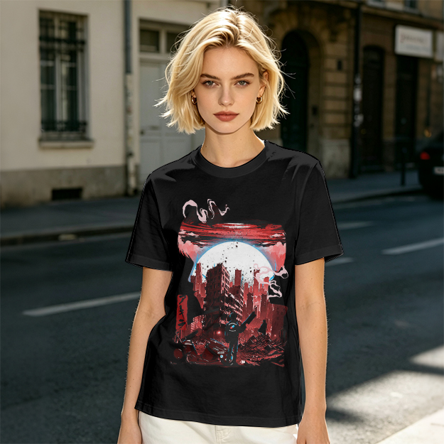 Olive Graphic T-Shirt with Post-Apocalyptic Cityscape Print
