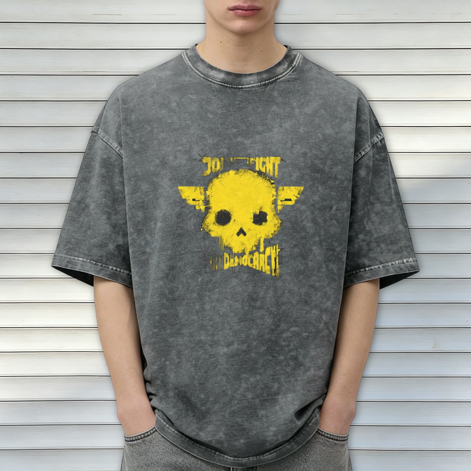 Distressed washed black short-sleeved T-shirt Hellraiser 2 Join Fight Democracy skull printed loose top