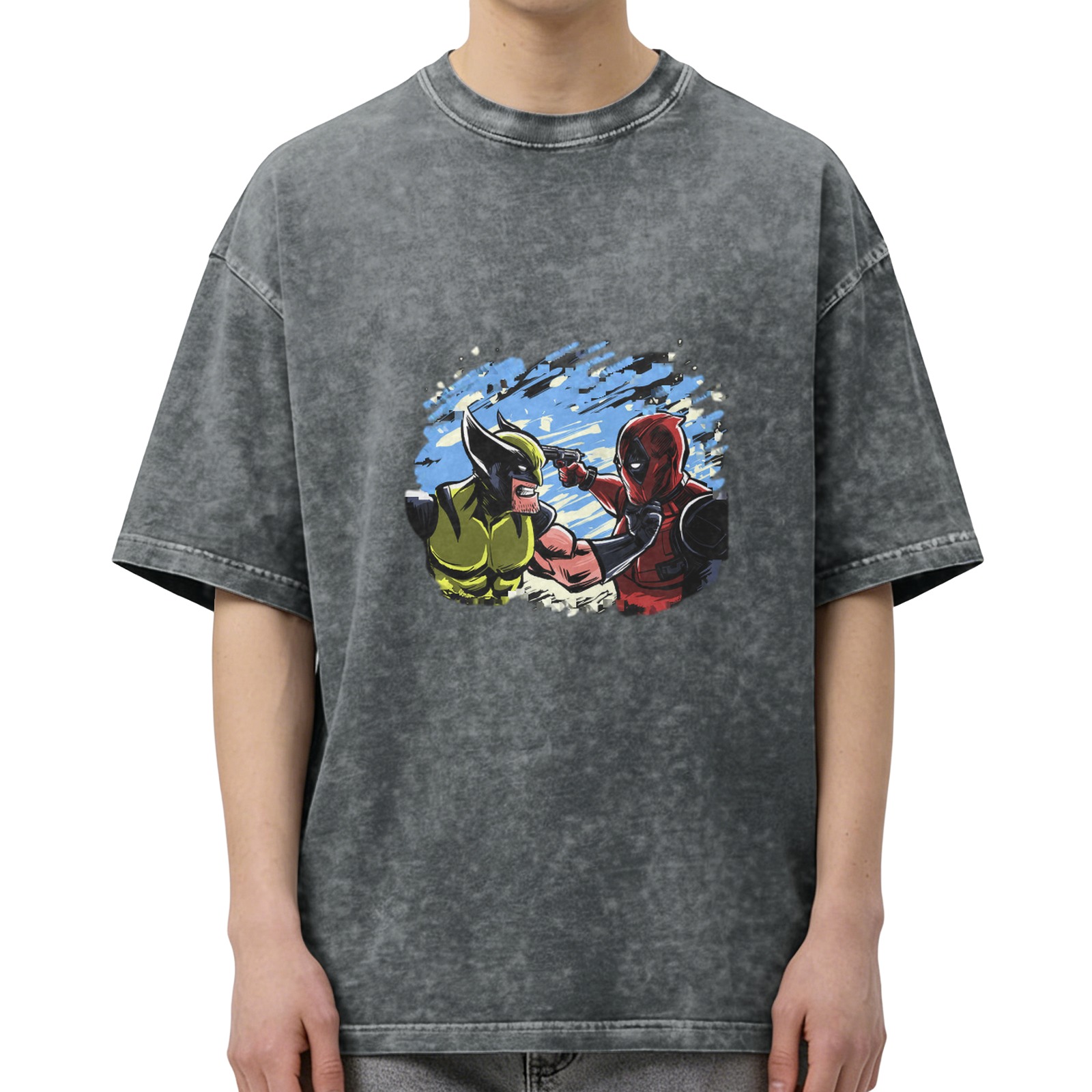 Wolverine and Deadpool Graphic Print Dark Wash T-Shirt