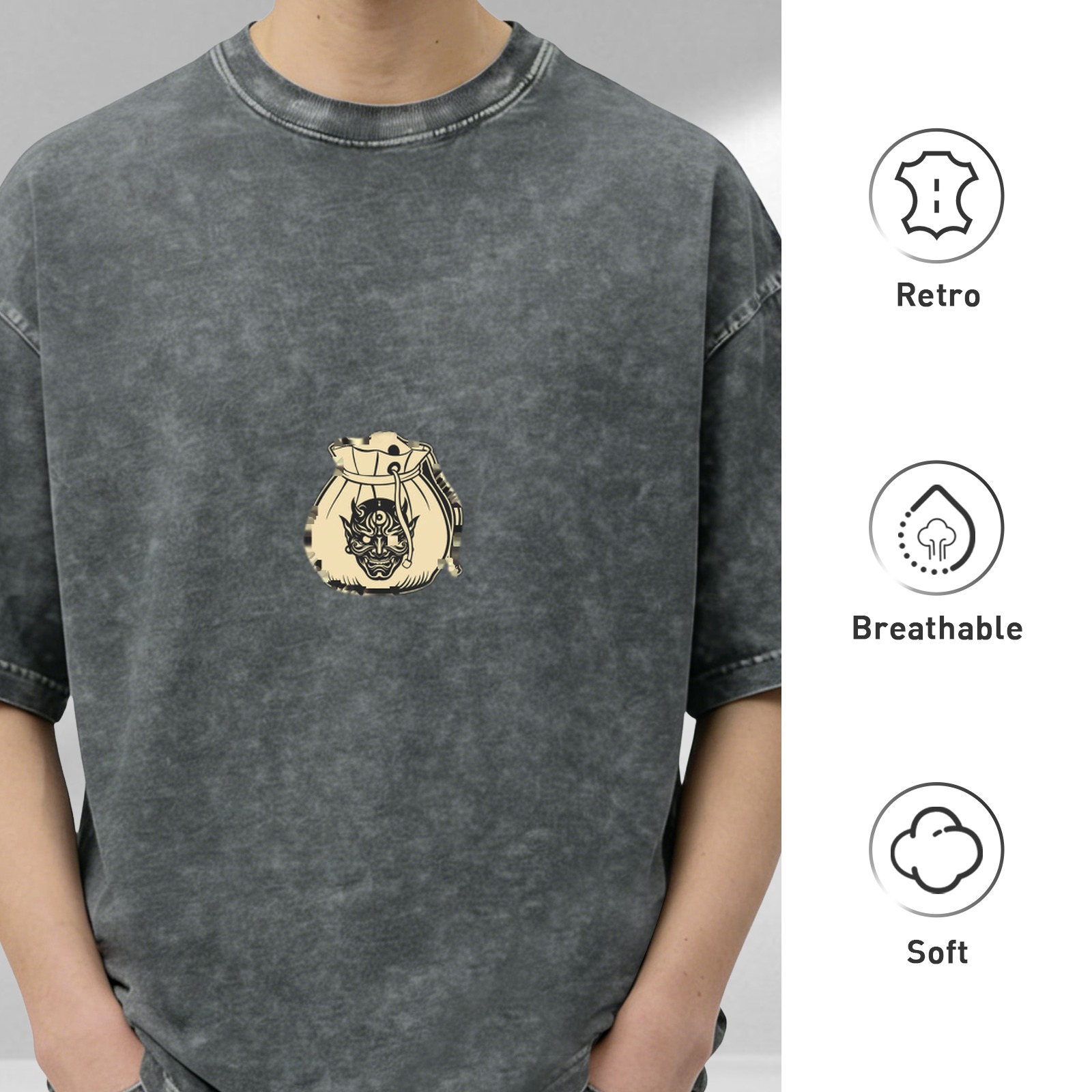Oni Demon Money Bag Graphic Oversized Acid Wash T-Shirt