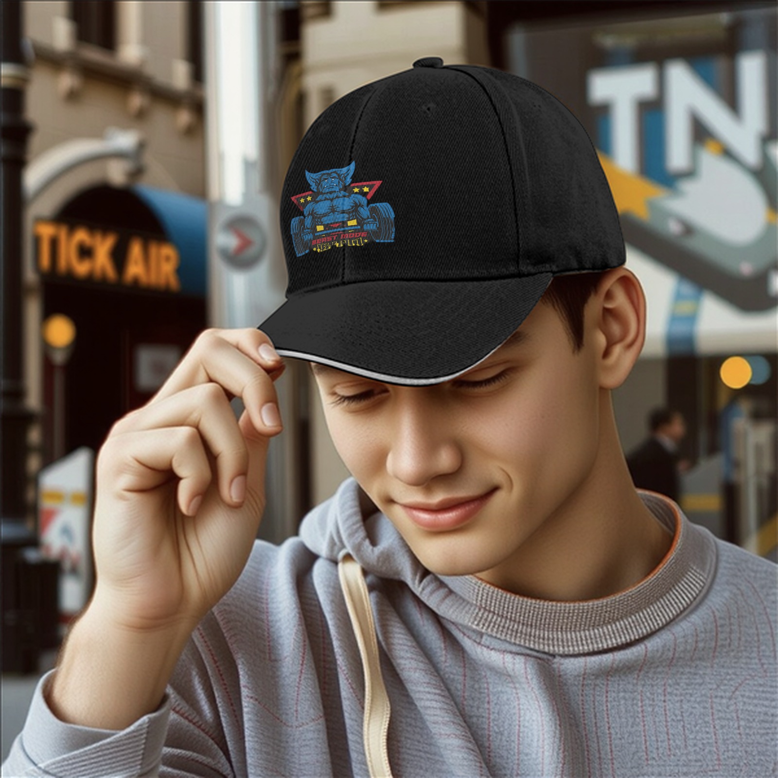 Black baseball cap with beast mode weightlifting graphic