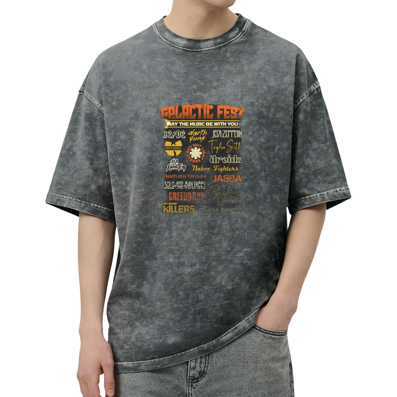 Galactic Fest Star Wars Parody Band Graphic Acid Wash Oversized T-Shirt
