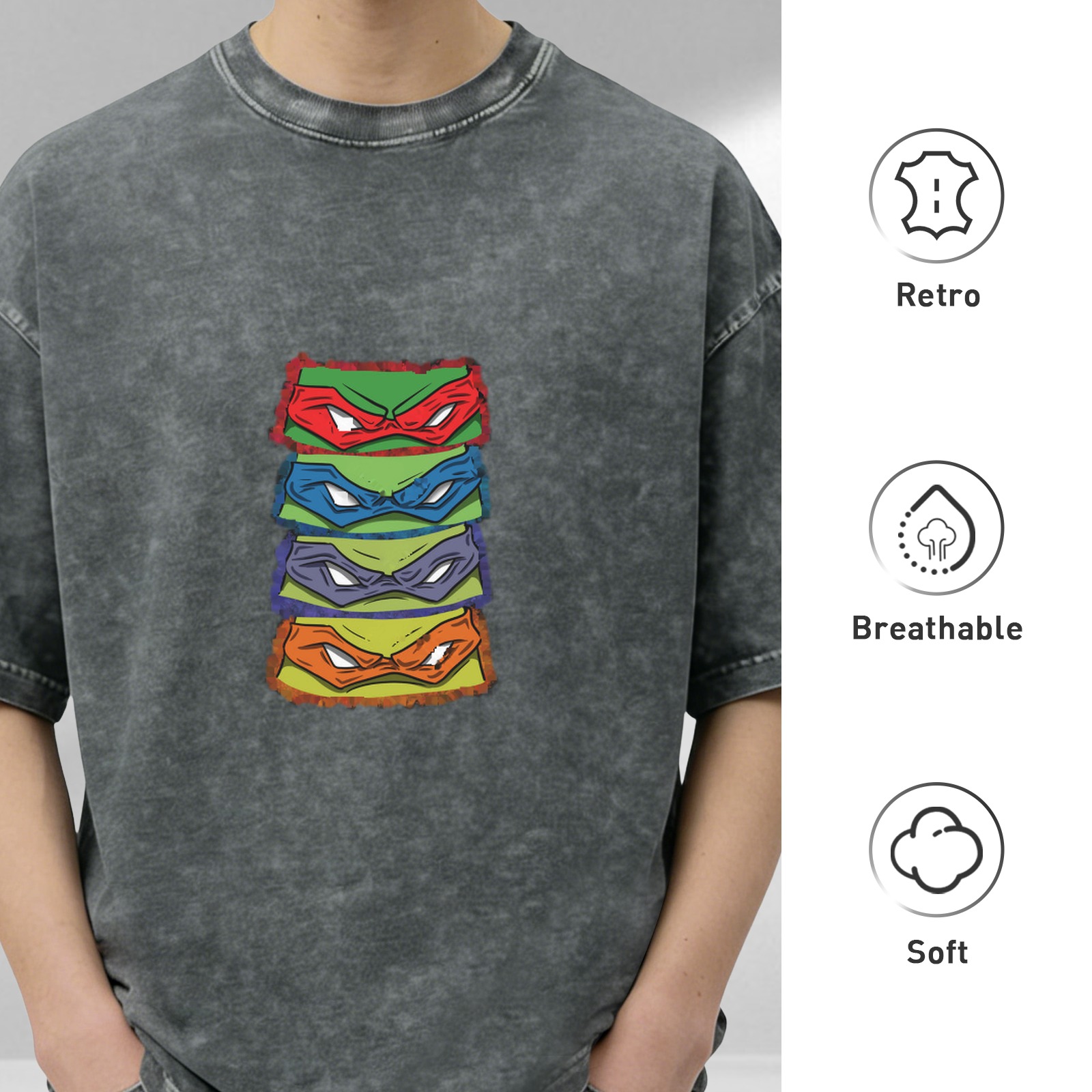 Teenage Mutant Ninja Turtles Masks Stacked Vintage Wash Graphic T-Shirt