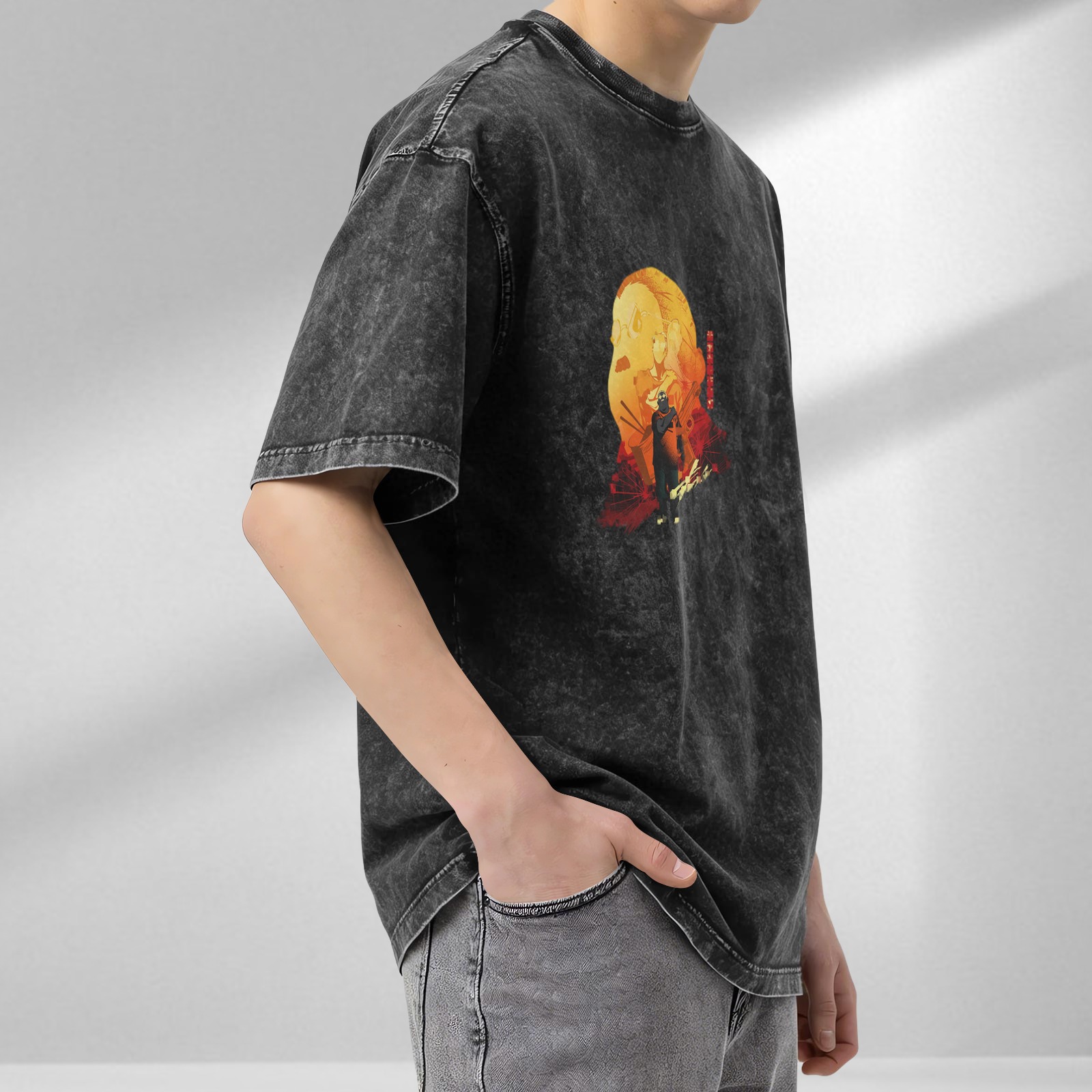 Oversized Acid Wash Anime Graphic T-Shirt