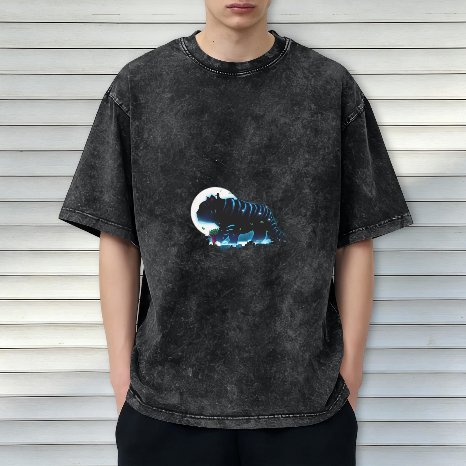 Oversized Dark Wash T-Shirt With Glowing Fantasy Creature Print