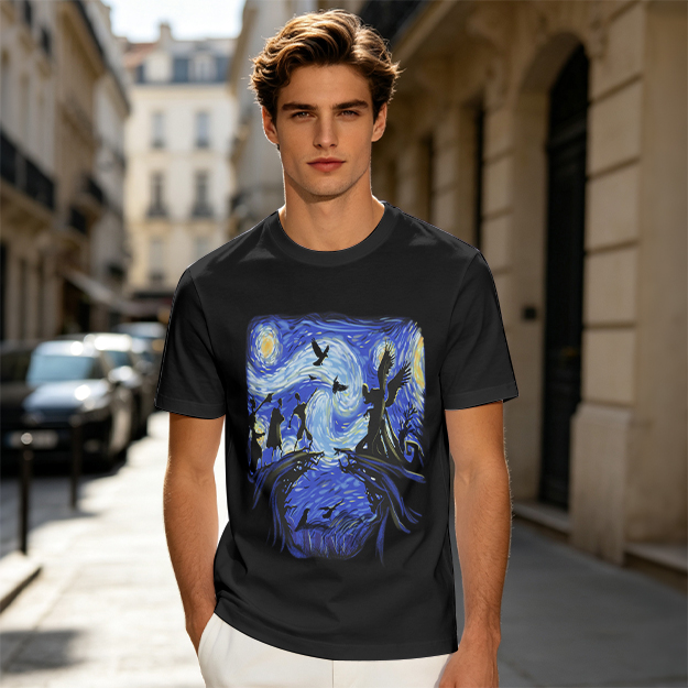 Olive T-Shirt with Starry Night Style Fantasy Art Print