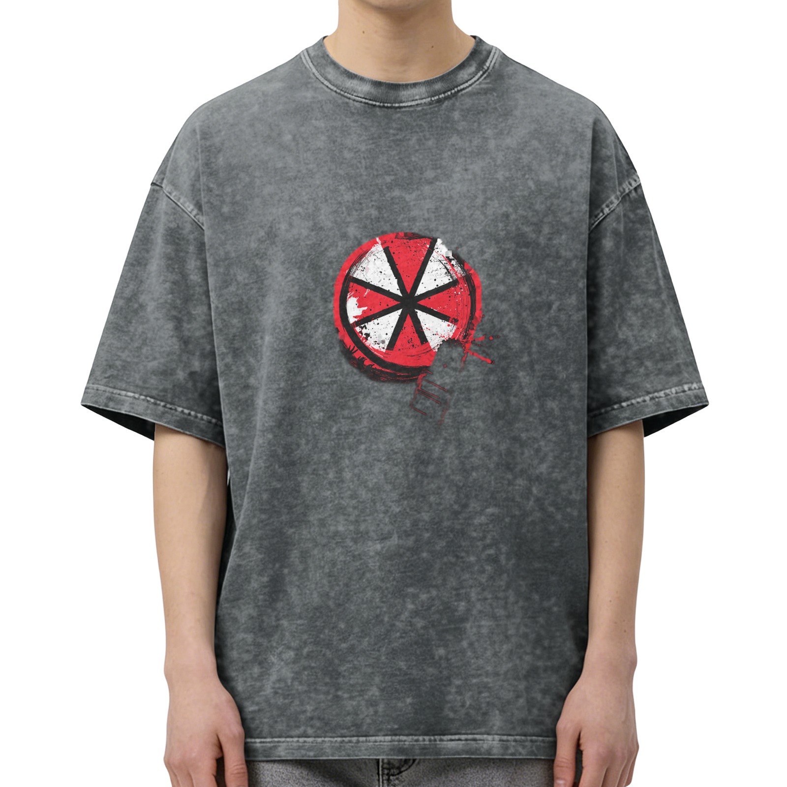 Oversized Acid Wash Black T-Shirt with Red White Circular Graphic