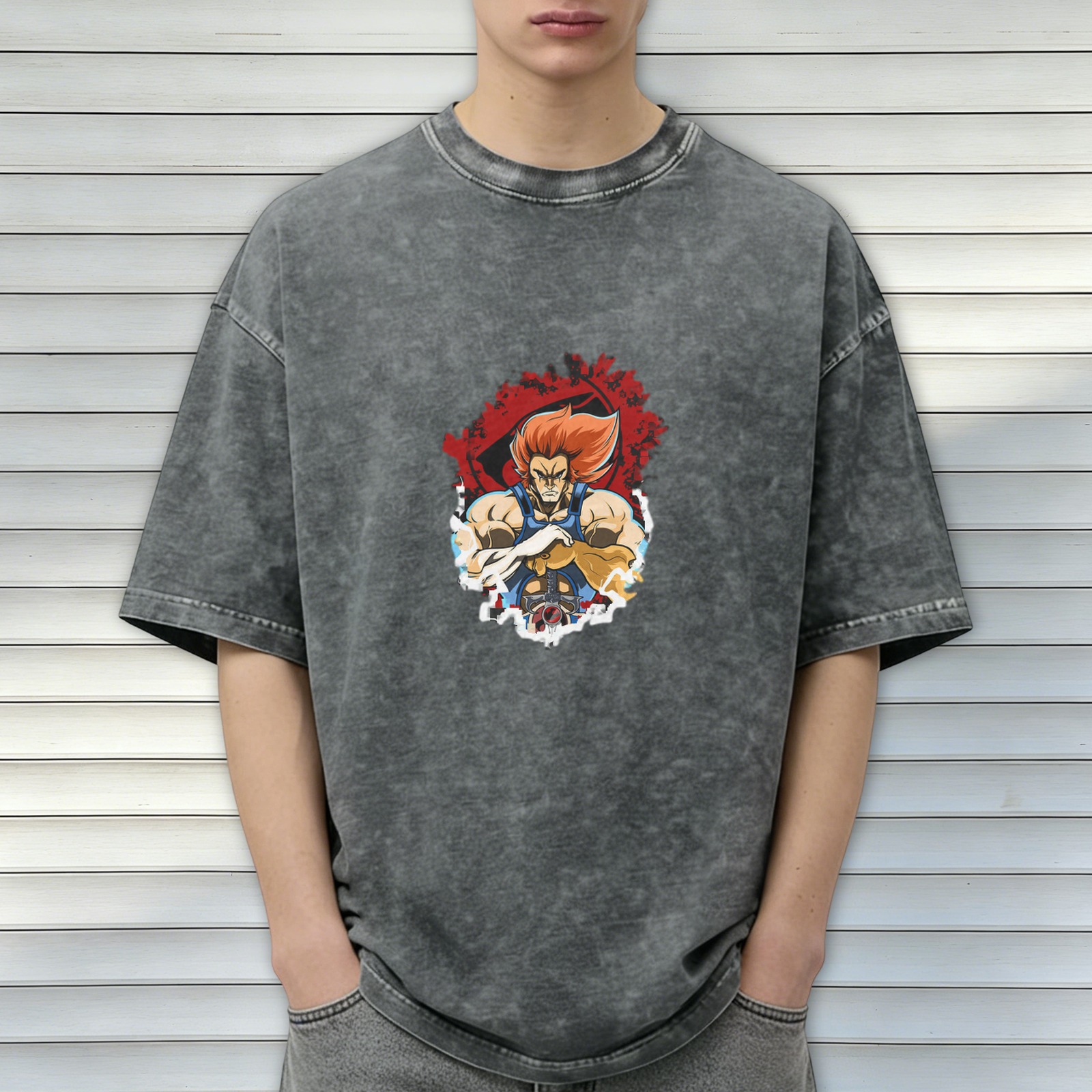 Vintage Washed T-Shirt with Retro Anime Lion Character Graphic