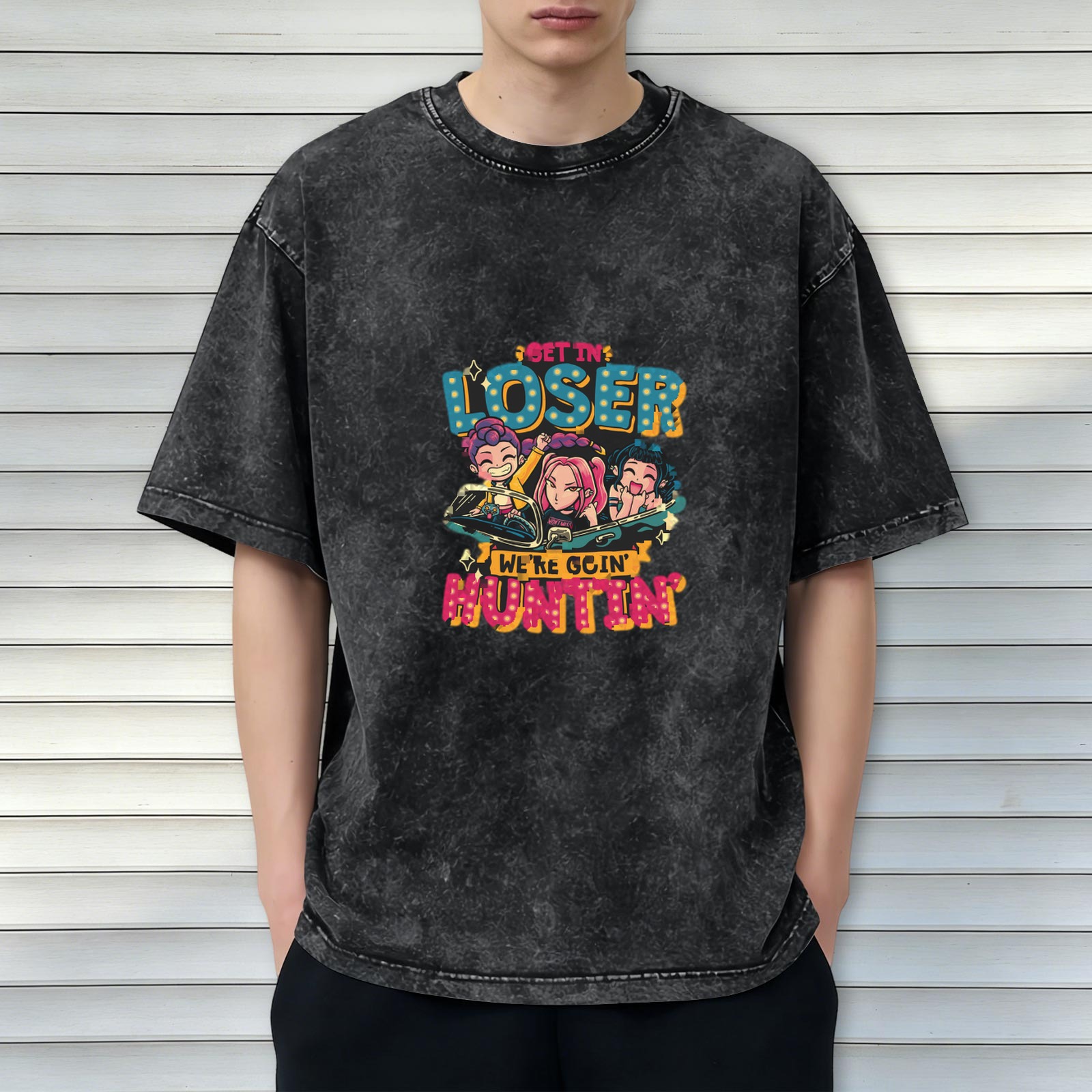 Washed black graphic t-shirt with get in loser we're goin huntin design