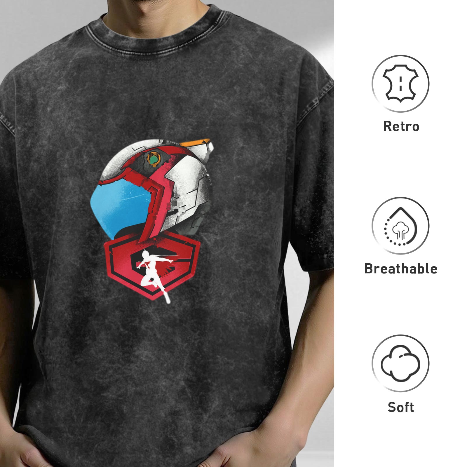 Oversized Acid Wash T-Shirt With Anime Mech Helmet Print