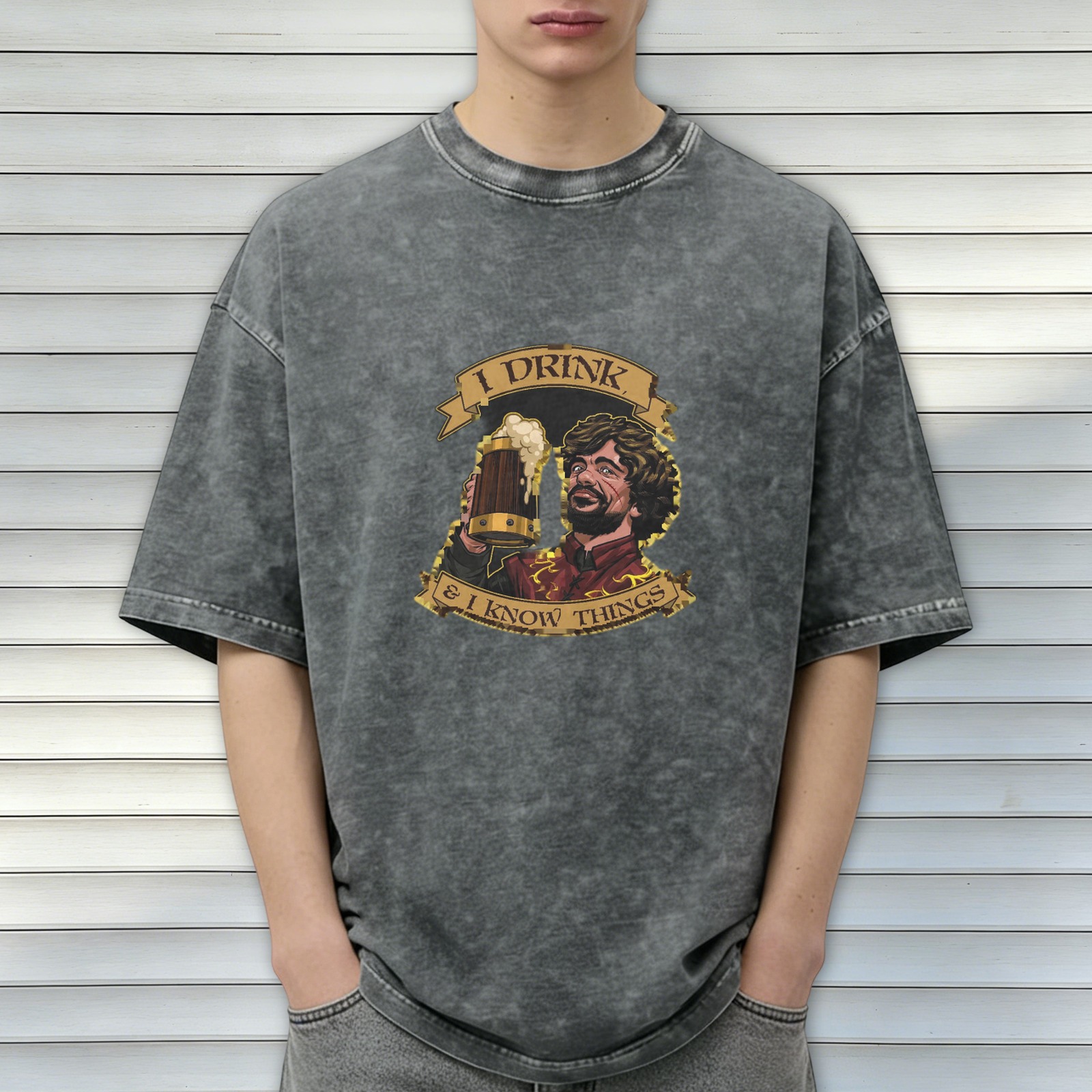 Game of Thrones Tyrion 'I Drink & I Know Things' Graphic Stone Wash Oversized T-Shirt
