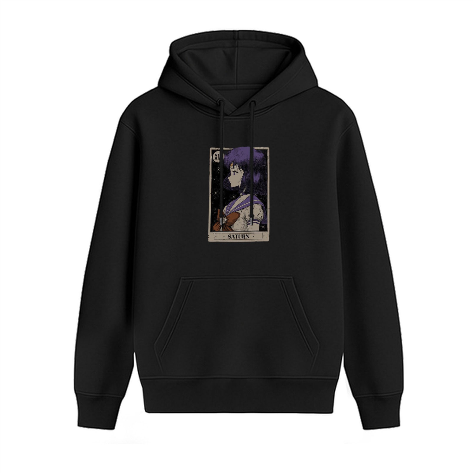 Black Hoodie With Sailor Saturn Tarot Card Print