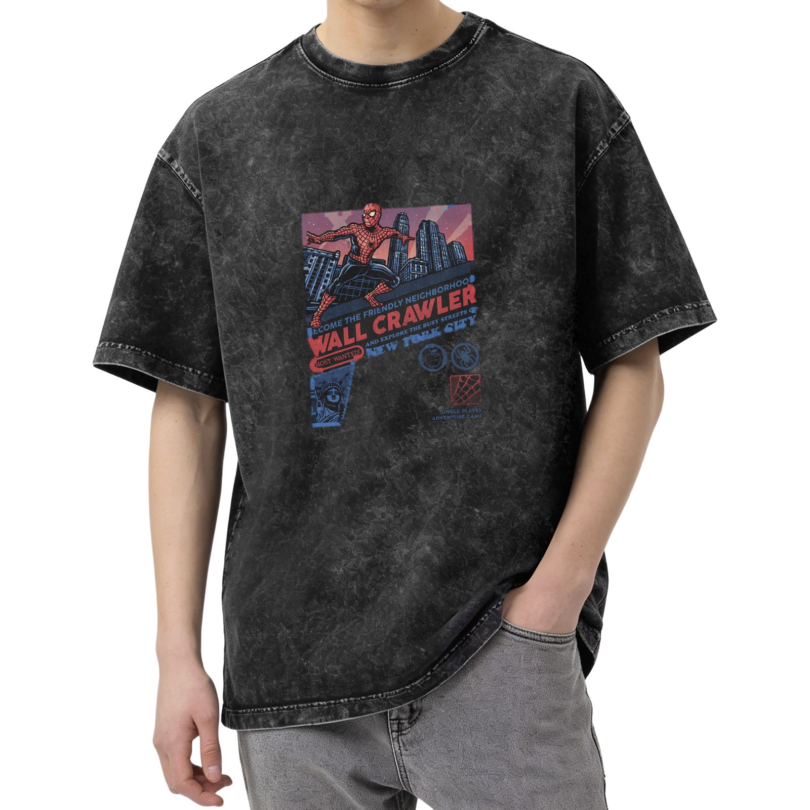 acid wash t-shirt with spider-man wall crawler graphic