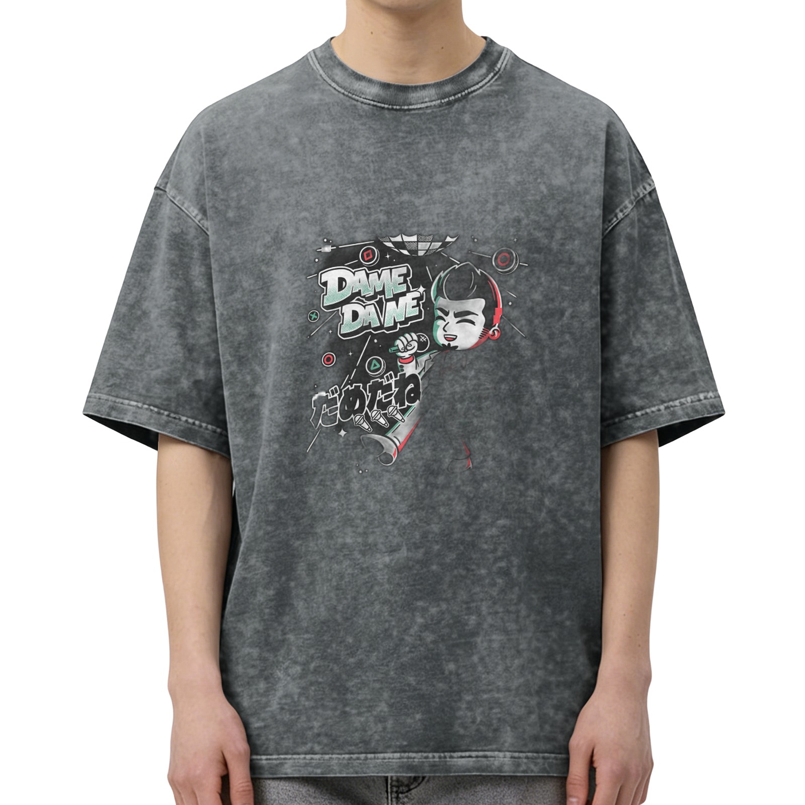 Washed black graphic t-shirt with Dame Dane anime-style print