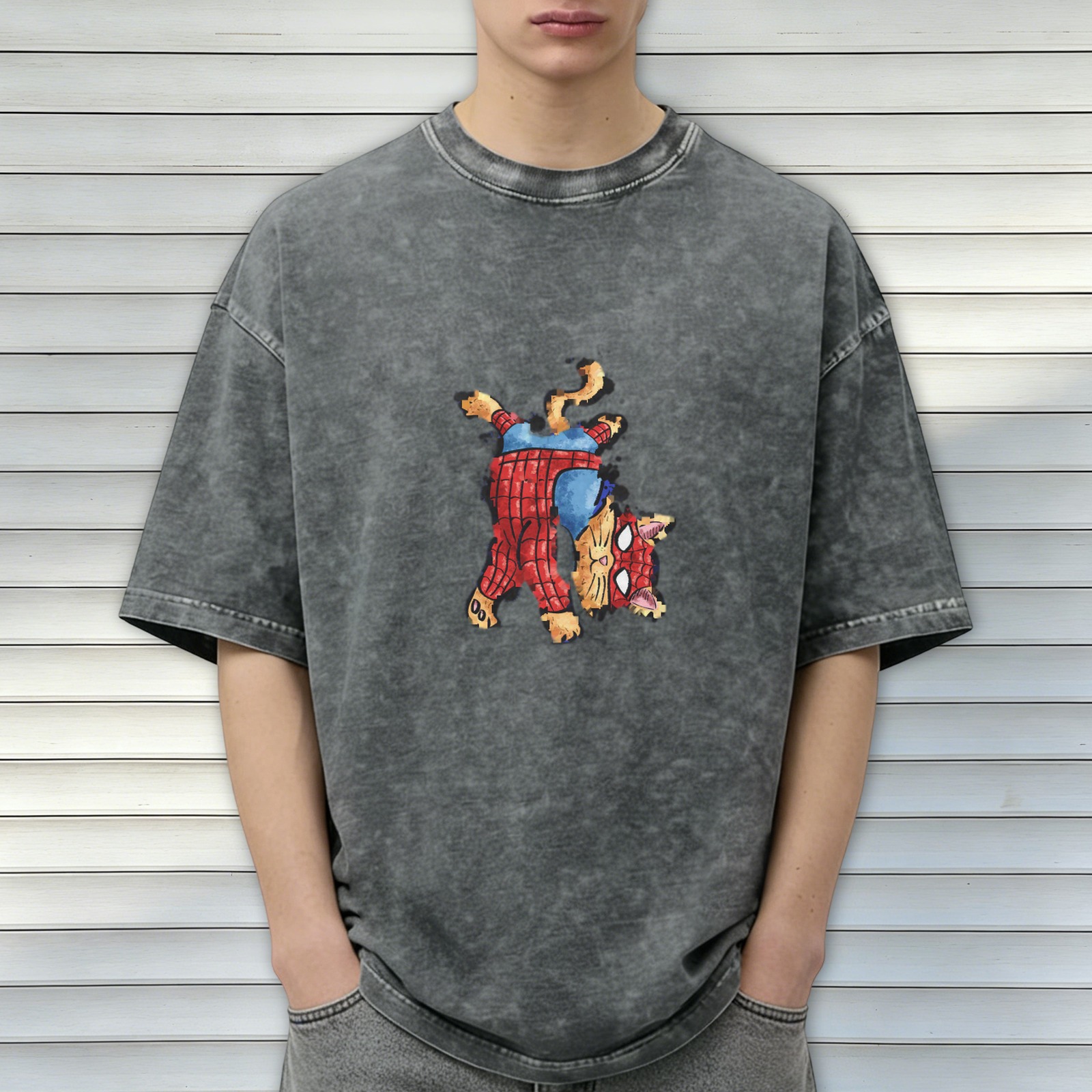 Washed Black T-Shirt With Playful Spider Cat Graphic Print
