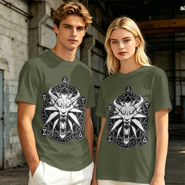 Olive T-Shirt With Witcher Wolf Medallion Magic Circle Print
