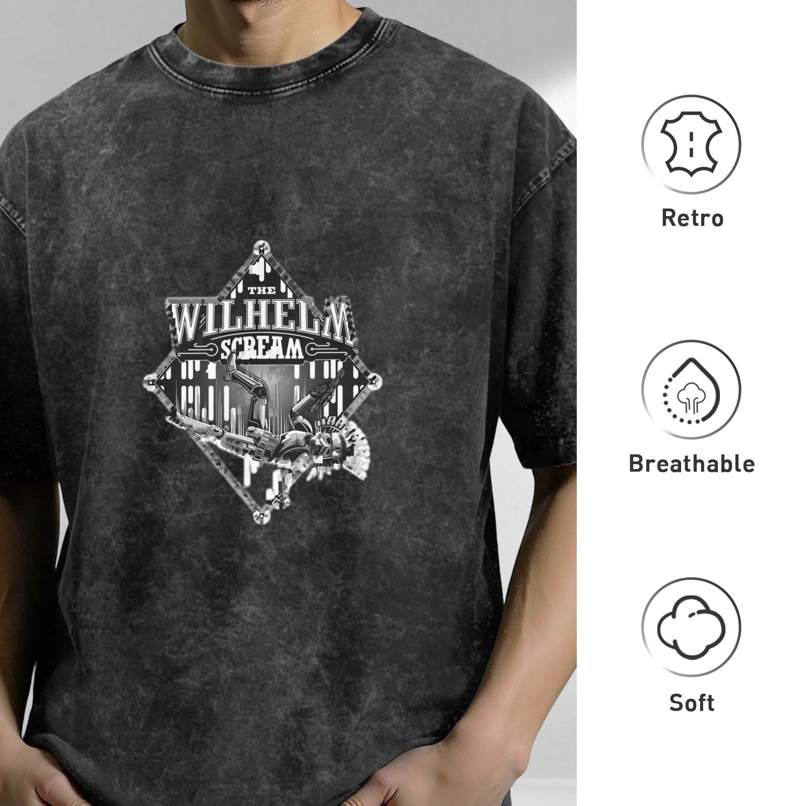 Washed black round neck short-sleeved T-shirt printed with 