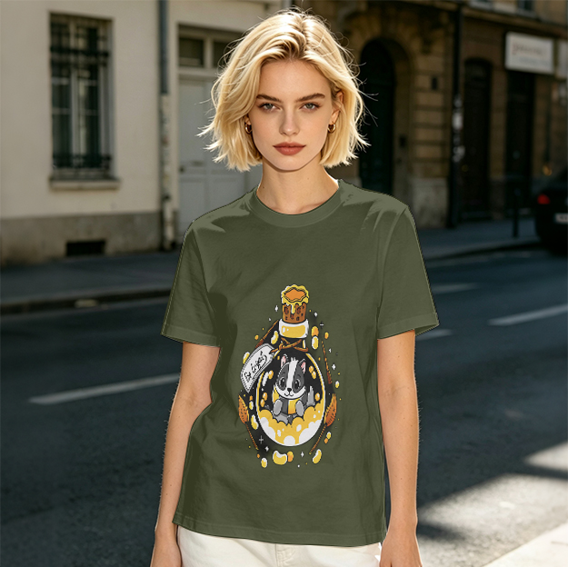 Olive T-Shirt With Cute Badger In Potion Bottle Graphic