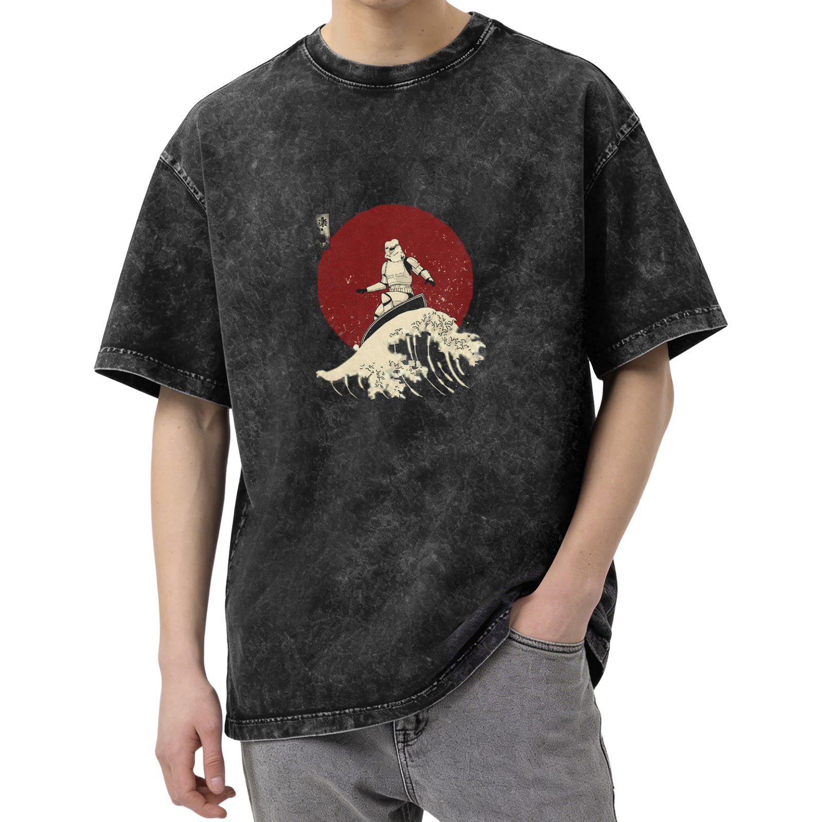 Oversized Stone-Washed Black T-Shirt with Surfer Stormtrooper & Great Wave Graphic Print
