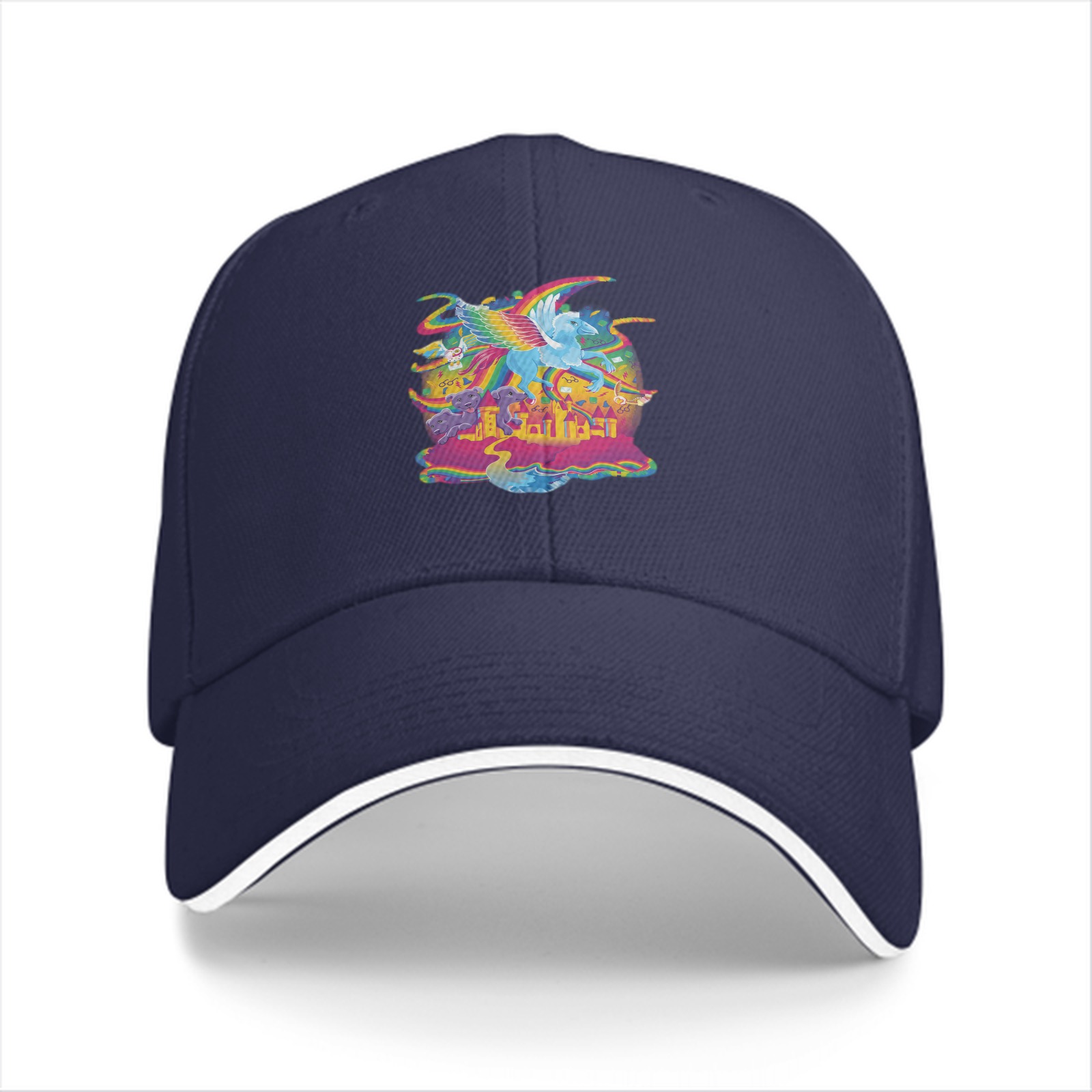 Black baseball cap with vibrant rainbow pegasus fantasy graphic