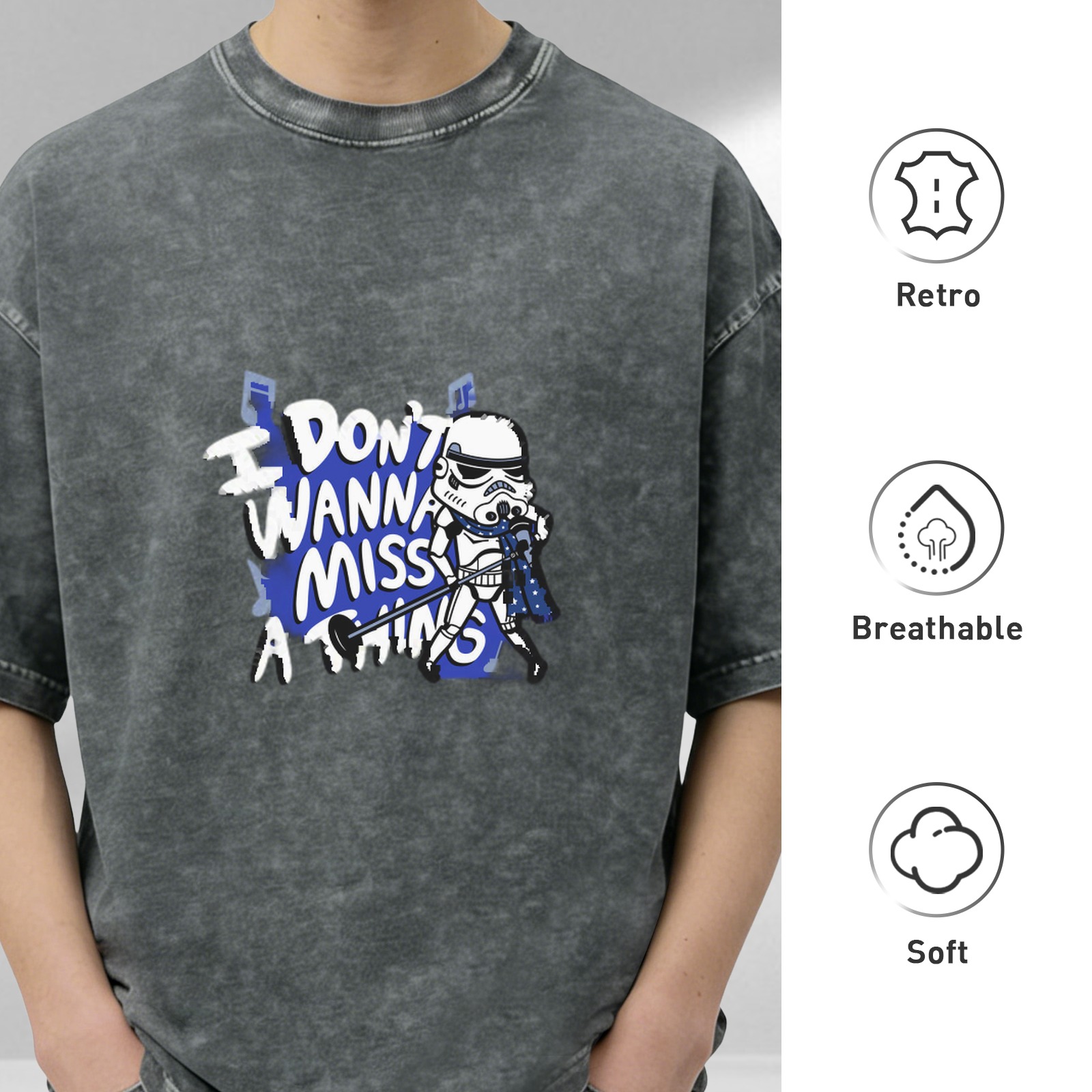 Washed Black T-Shirt With Stormtrooper Singer Graphic and I Don't Wanna Miss A Thing Text