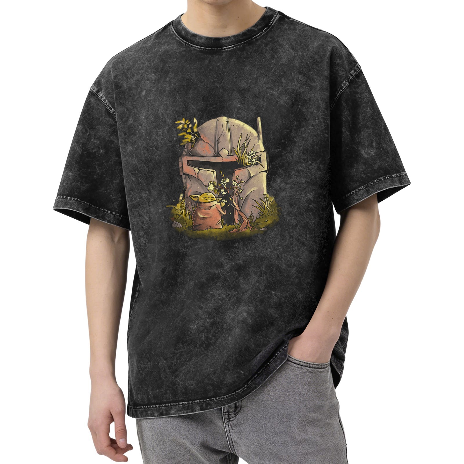 Star Wars Baby Yoda Mandalorian Helmet Graphic Acid Wash T-Shirt