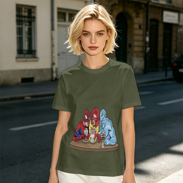Olive T-Shirt With Superhero Characters Sharing Drinks Print