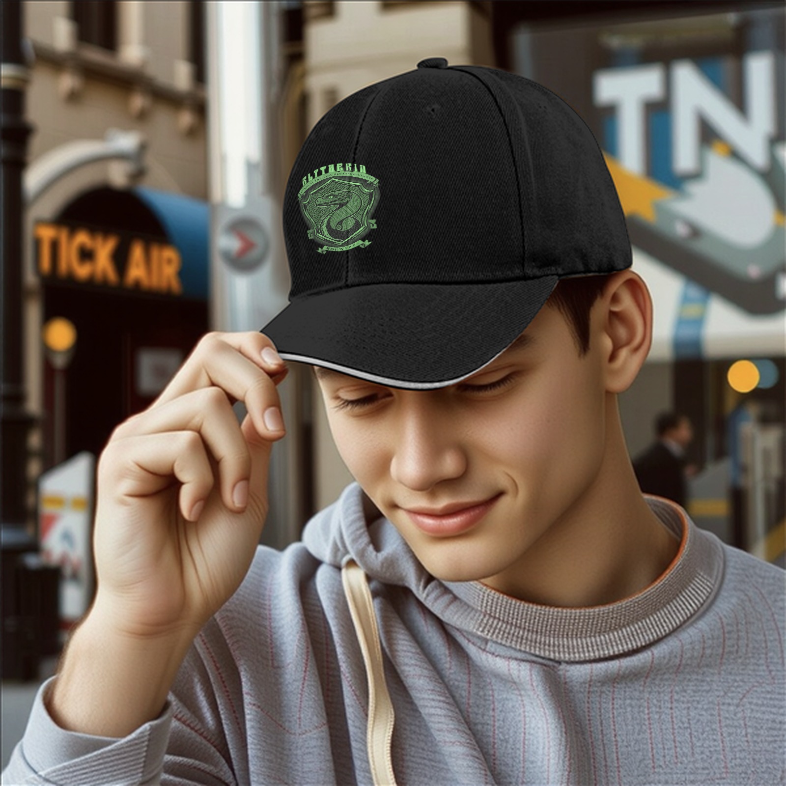Black Baseball Cap With Slytherin House Crest Print