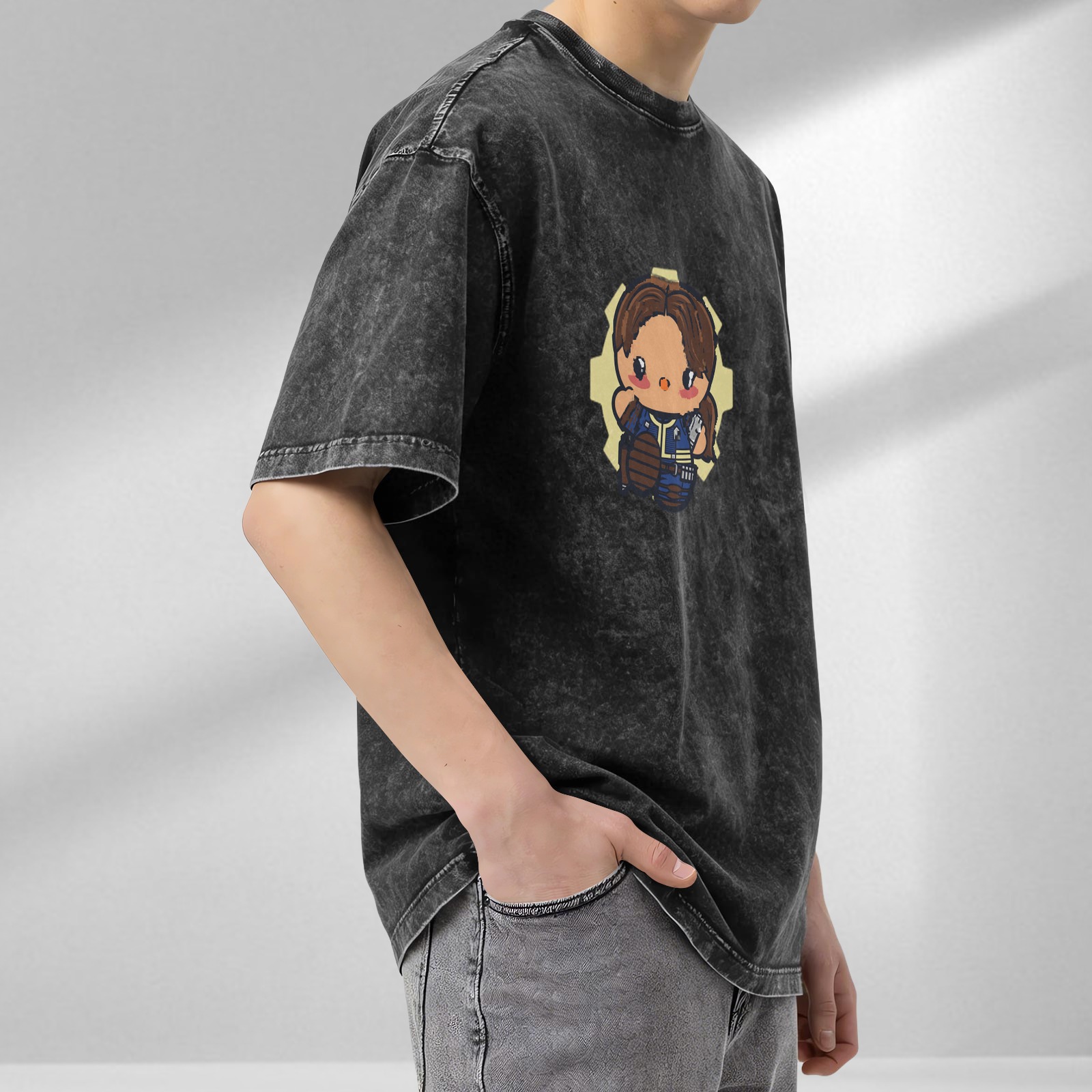 Washed Black T-Shirt with Cute Vault Dweller Chibi Graphic