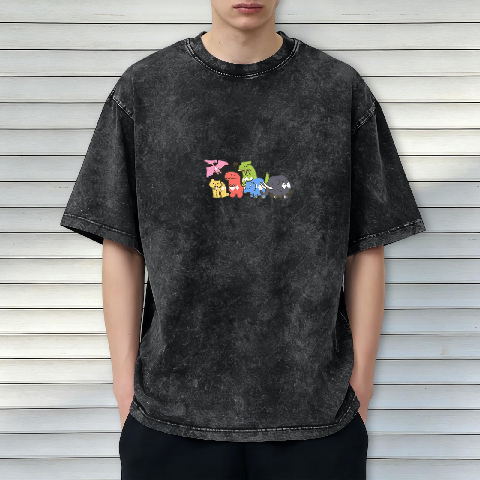 Distressed black cartoon dinosaur print loose short-sleeved T-shirt