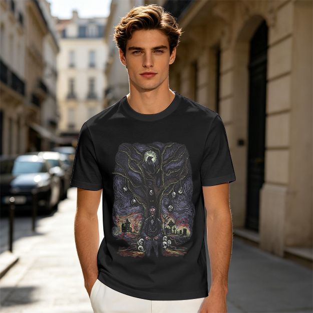 Olive t-shirt with gothic tree raven and graveyard graphic