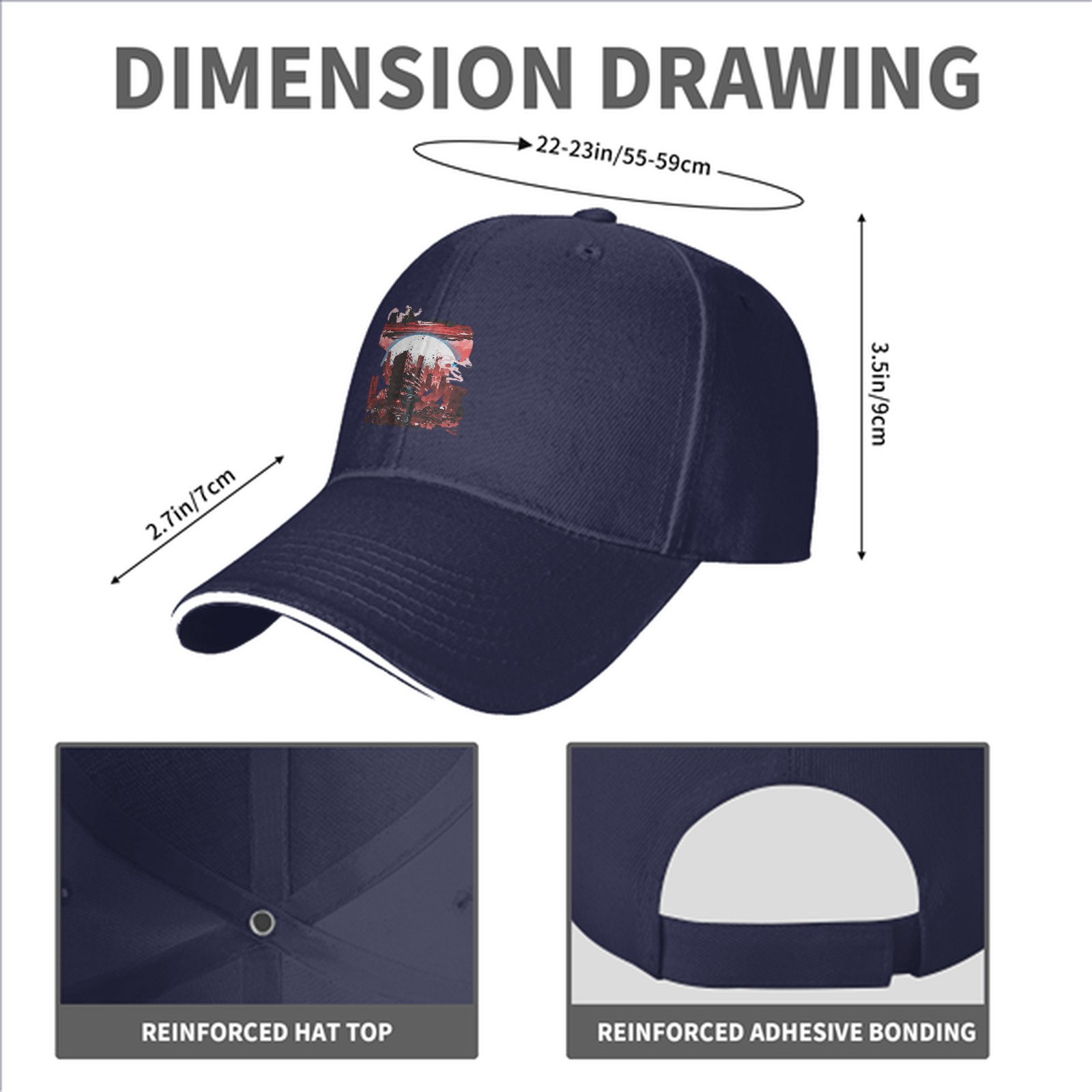 Black Baseball Cap with Abstract Red Cityscape Print