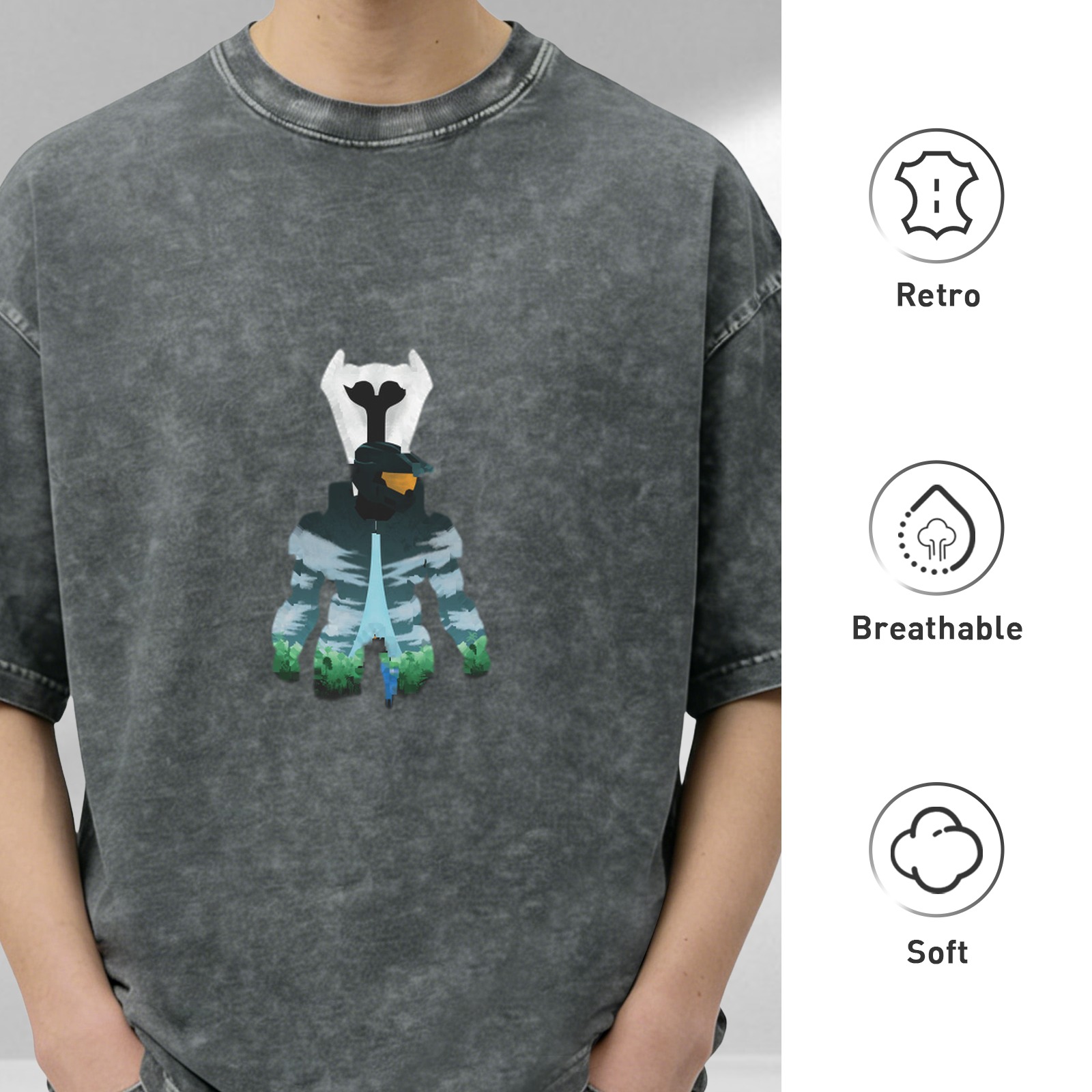 Washed distressed black loose short-sleeved T-shirt with cartoon style character pattern printed on the chest