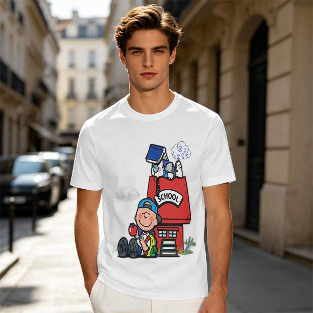Olive T-shirt with Charlie Brown and Snoopy School Print
