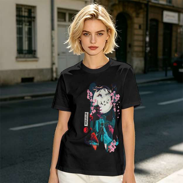 Olive T-shirt with Japanese-inspired moon and cherry blossom graphic